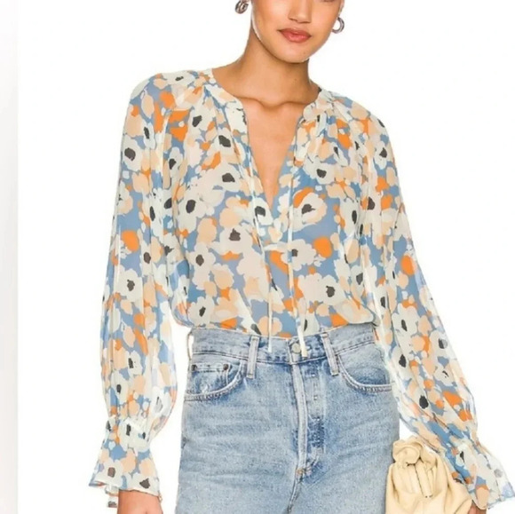 Joie peasant floral boho smocking self tie elastic wrists medium - Picture 2 of 16